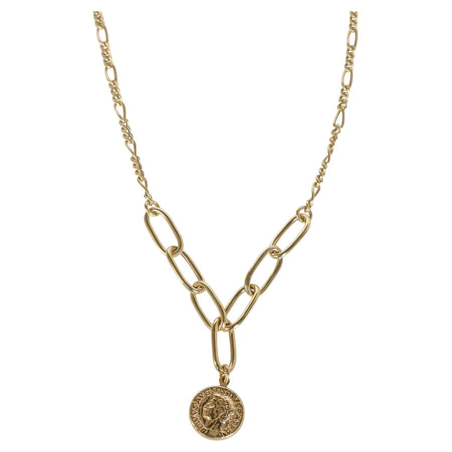 Gold Paper Clip Link & Figaro Chain with Roman Coin Necklace