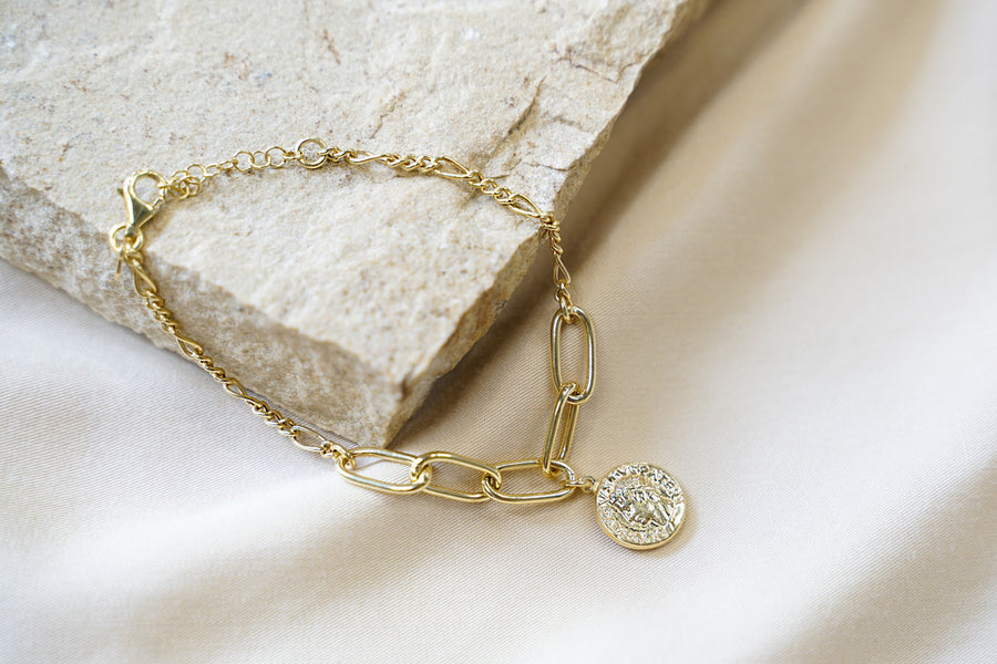 Gold Paper Clip Link & Figaro Chain with Roman Coin Bracelet