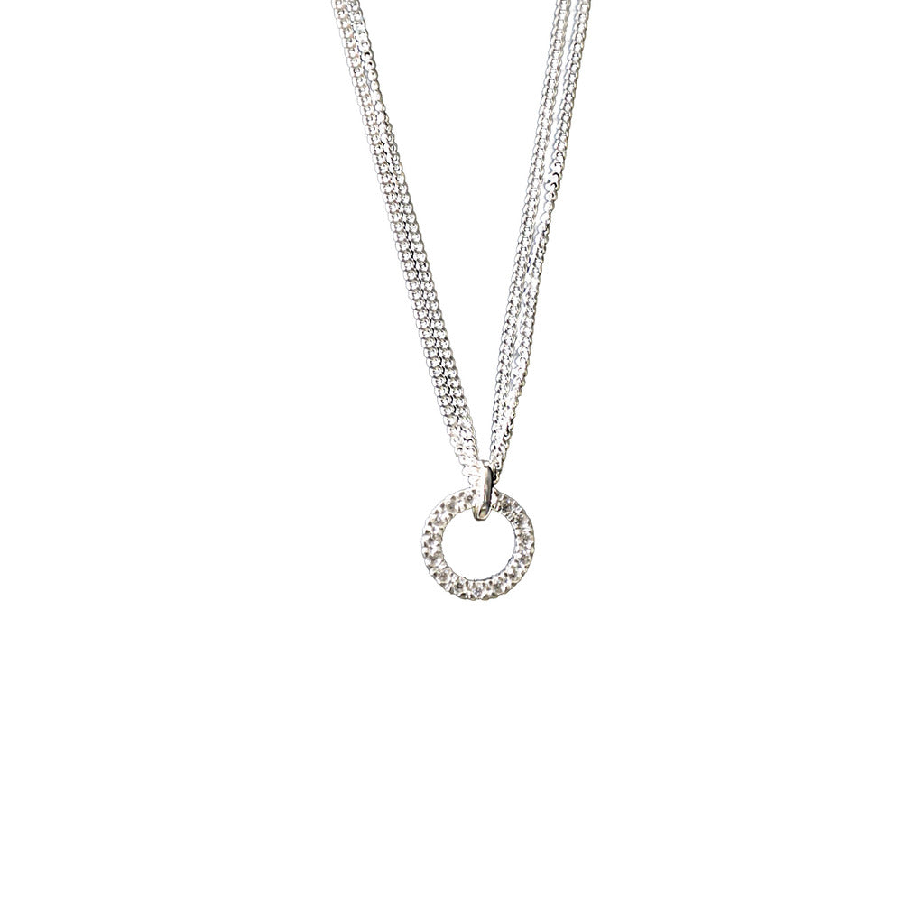 Sterling Silver Double Chain with Circle Cubic Zirconia Pendant