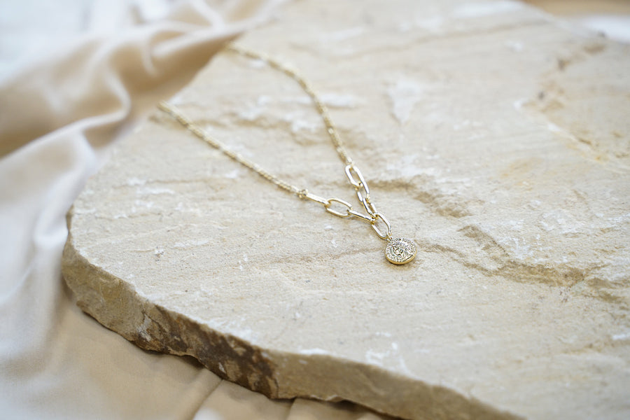Gold Paper Clip Link & Figaro Chain with Roman Coin Necklace