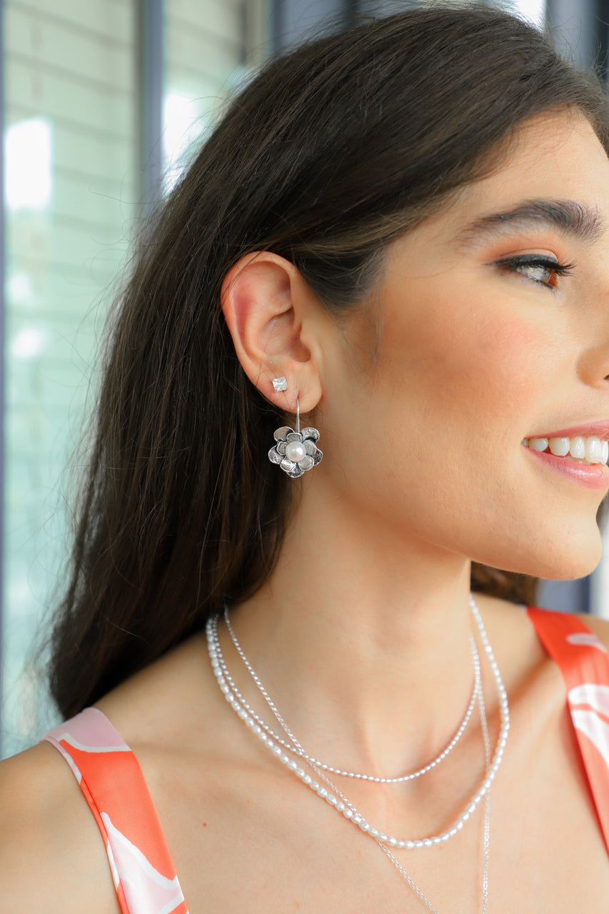 Sterling Silver Flower & Pearl Earrings