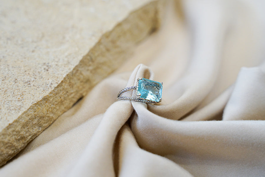 Sterling Silver Blue Topaz Cubic Zirconia Emerald Cut Ring