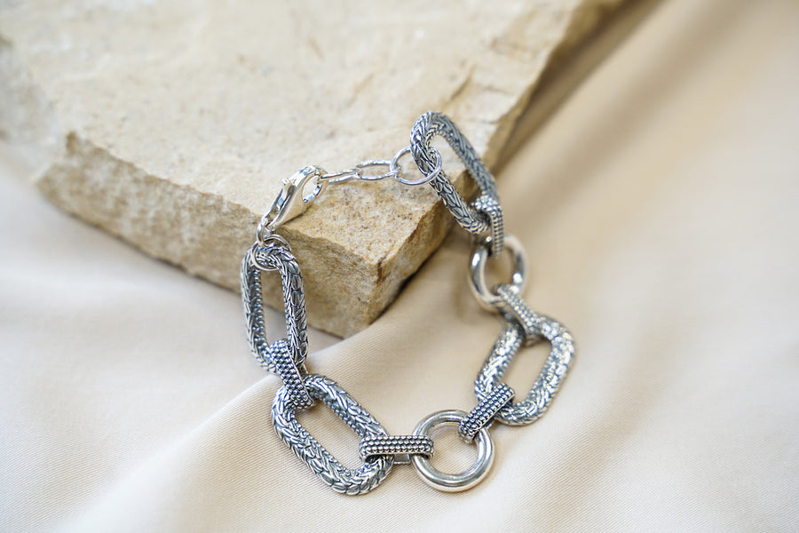 Textured Oval & Circle Sterling Silver Link Bracelet