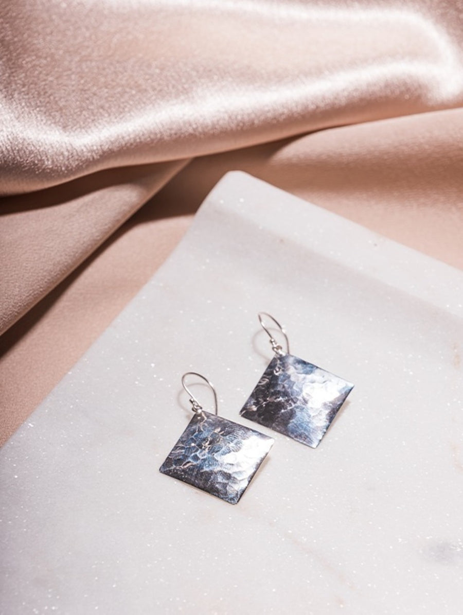 Hammered Sterling Silver Diamond Shaped Earrings