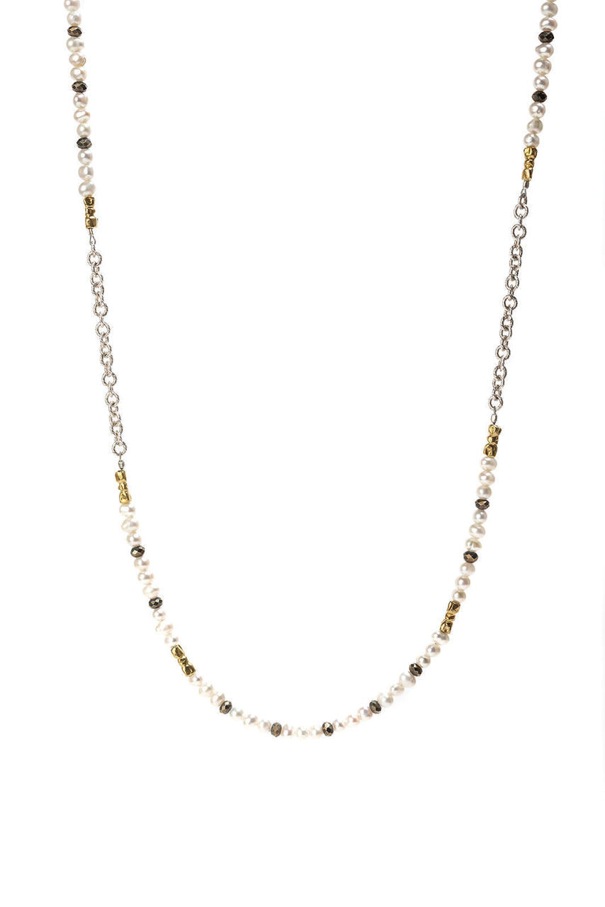 Long Pearl, Pyrite, Brass & Sterling Silver Necklace