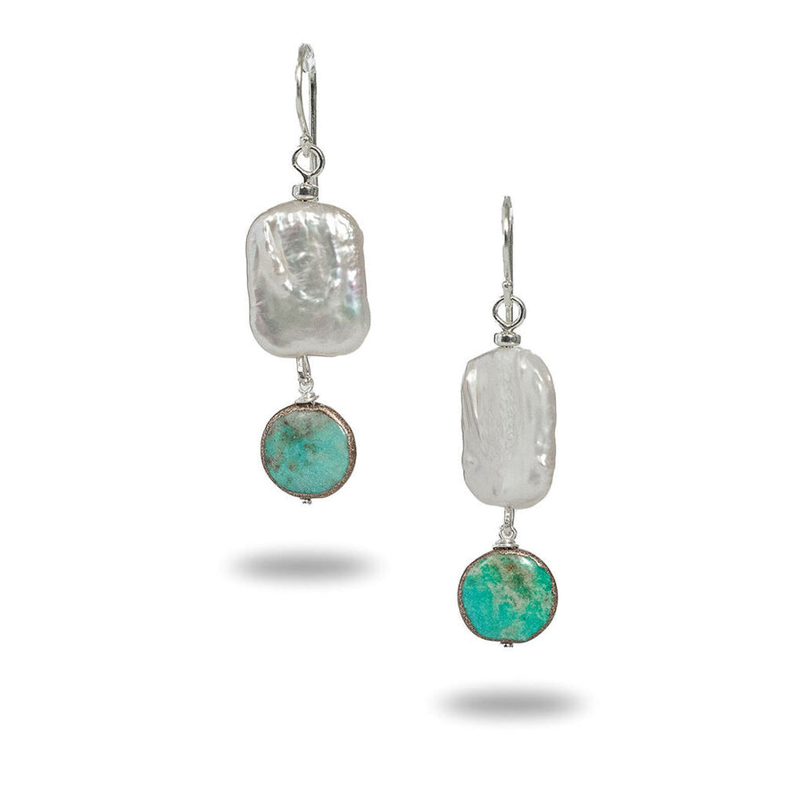 Square Pearl & Turquoise Drop Earrings