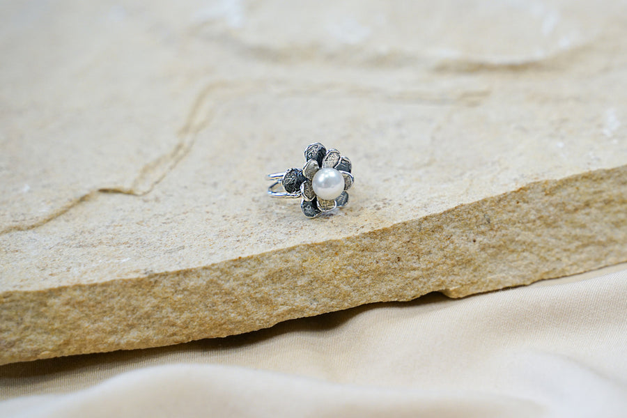 Sterling Silver Flower & Pearl Ring