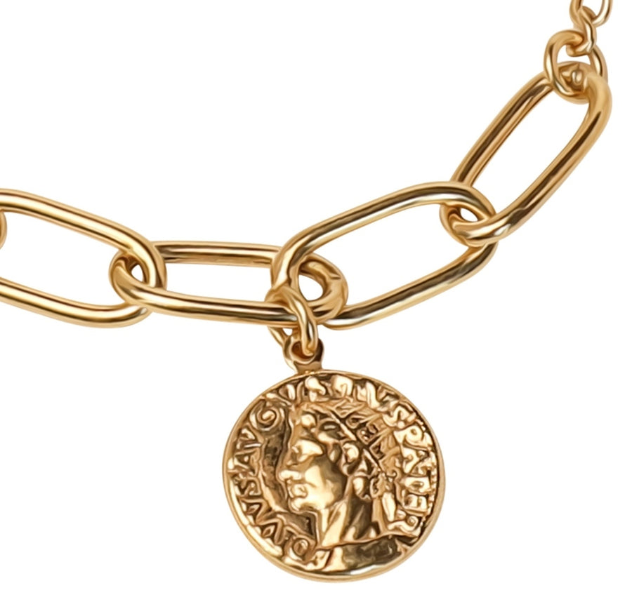 Gold Paper Clip Link & Figaro Chain with Roman Coin Bracelet