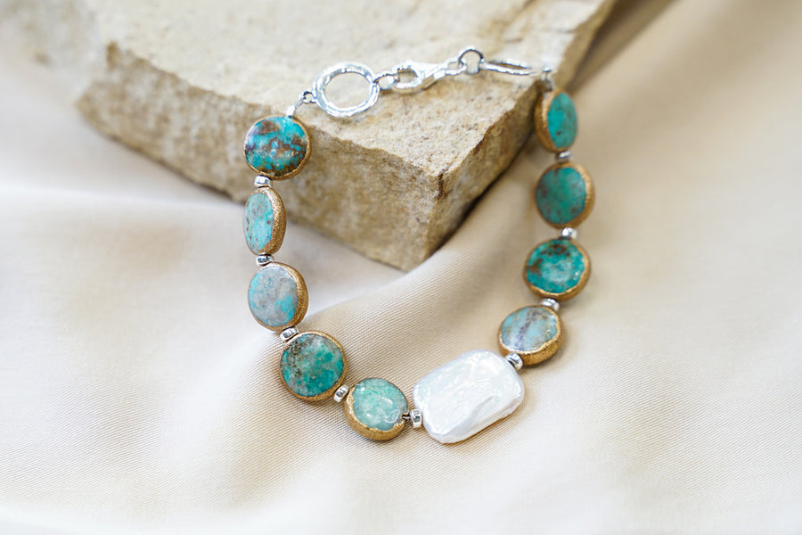Turquoise Discs and Square Pearl Bracelet