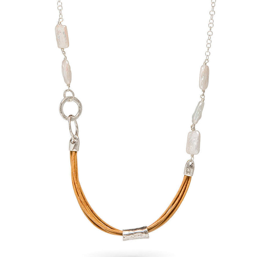 Leather & Rectangle Pearl Necklace