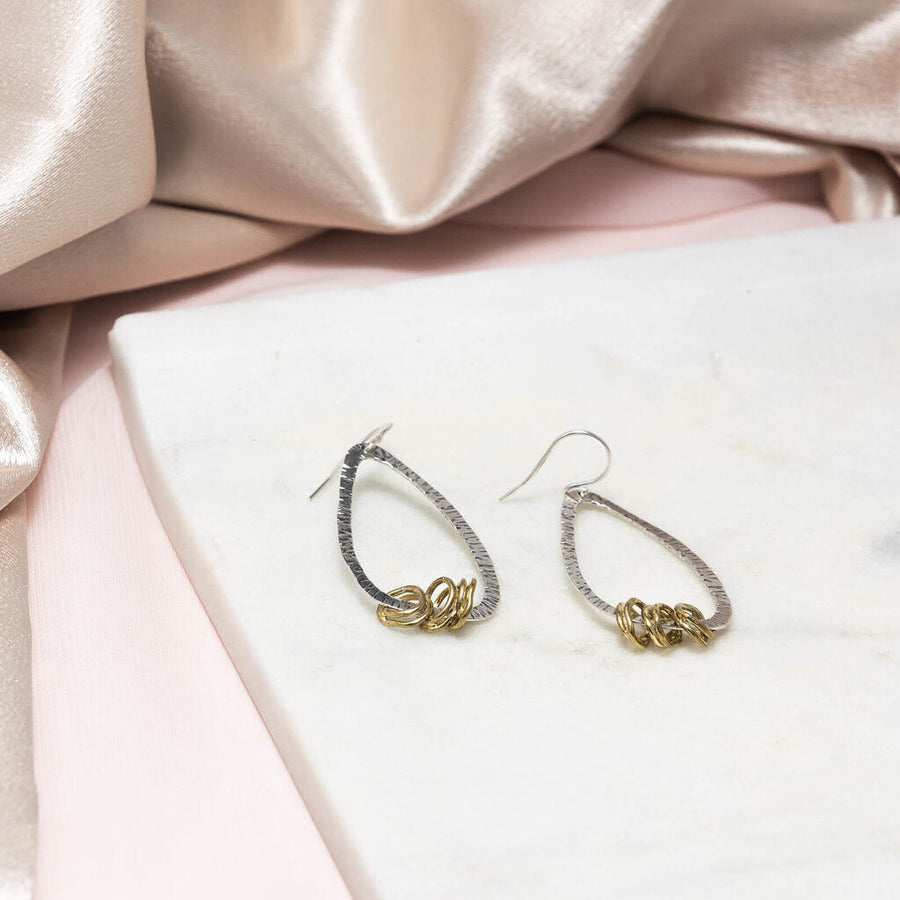 Oblong Sterling Silver Earrings with Brass Rings