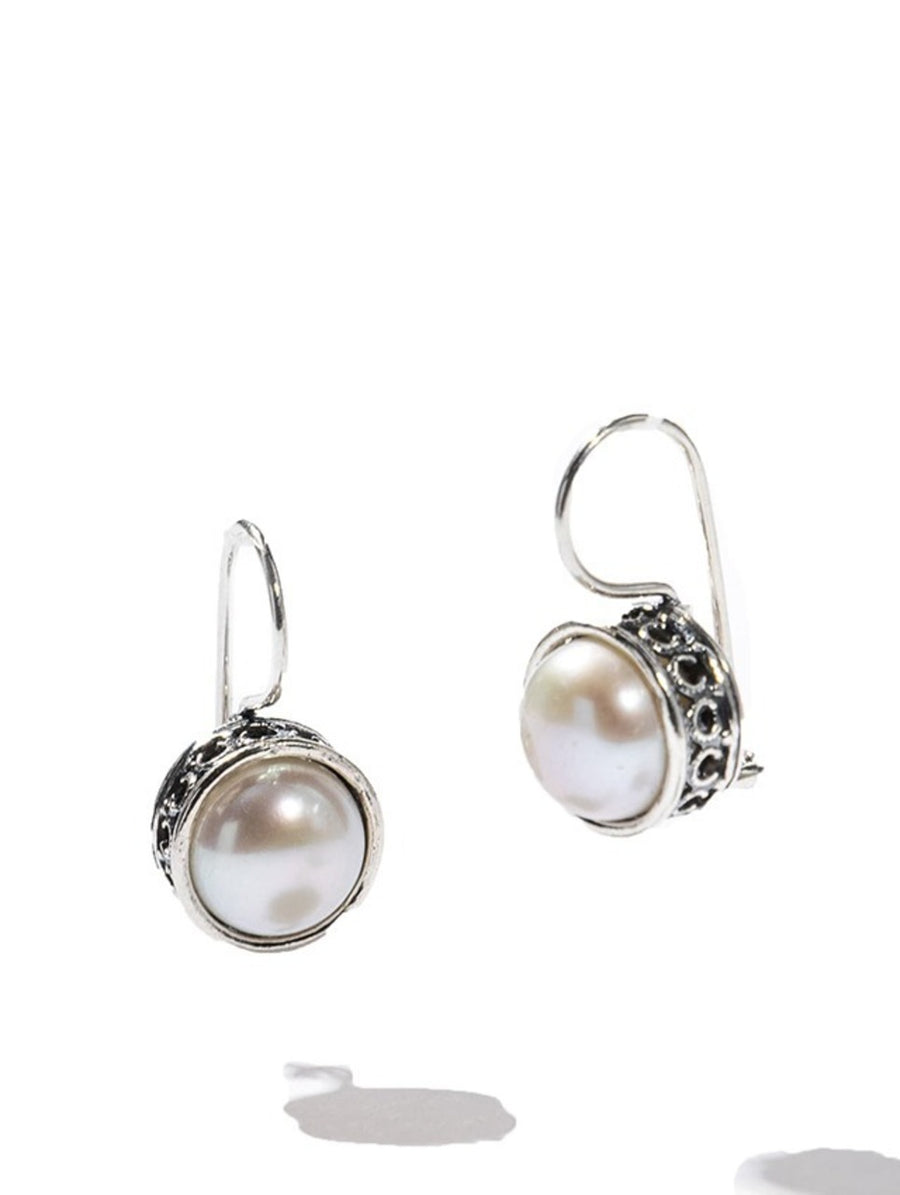 Sterling Silver Round Button Pearl Earrings