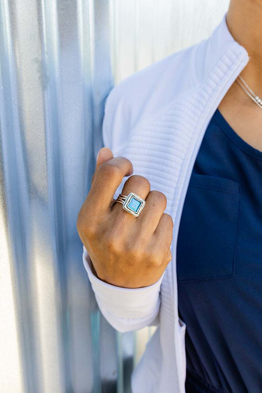 Square Sterling Silver & Opal Ring