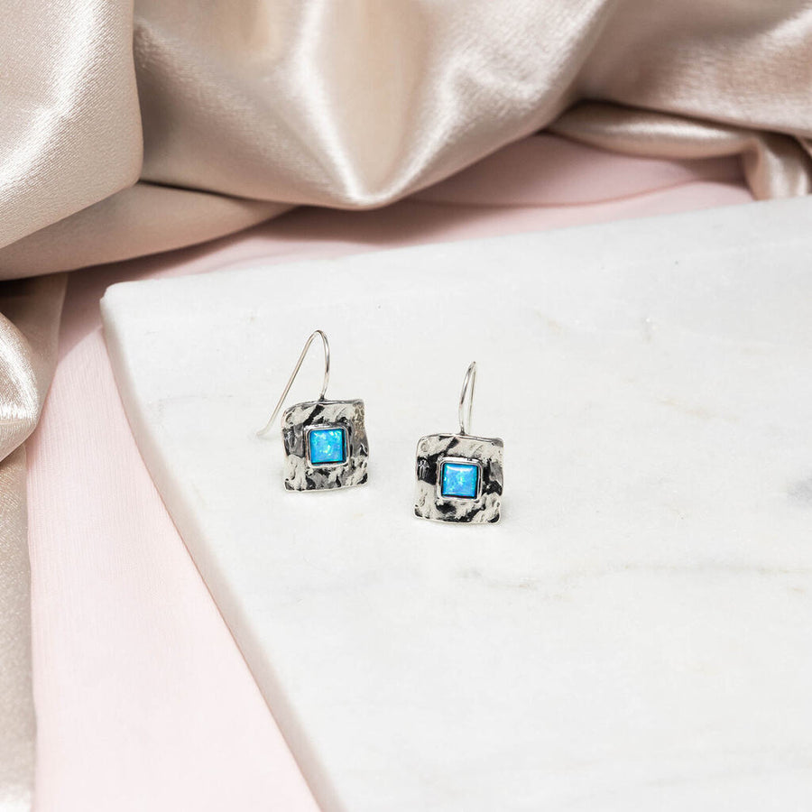 Square Sterling Silver & Opal Earrings