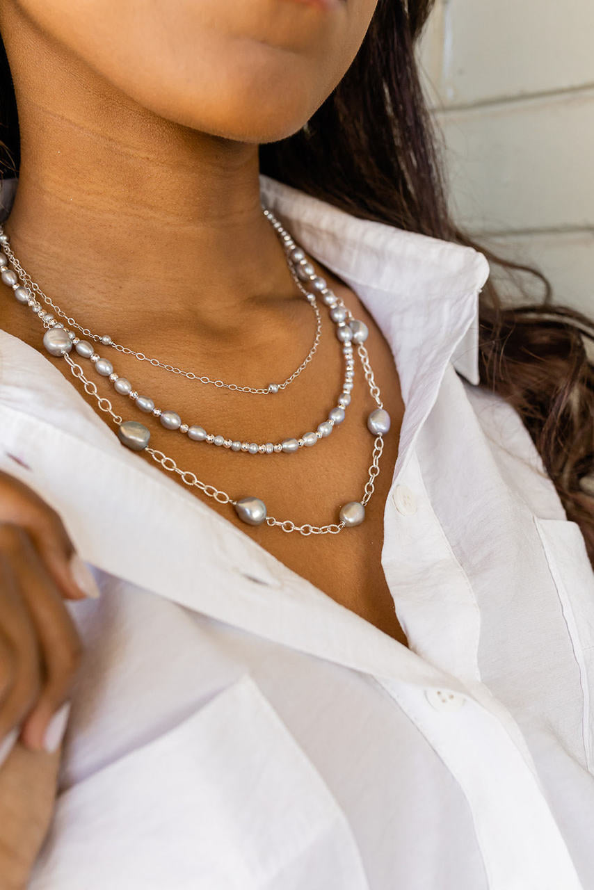 Triple Strand Gray Pearl Necklace