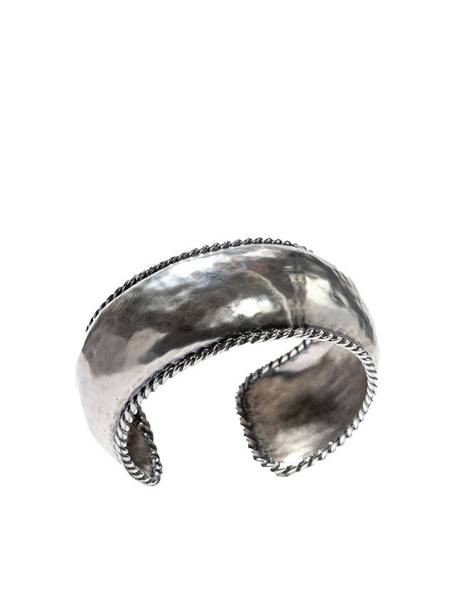 Large Sterling Silver Hammered Cuff with Rope Edge