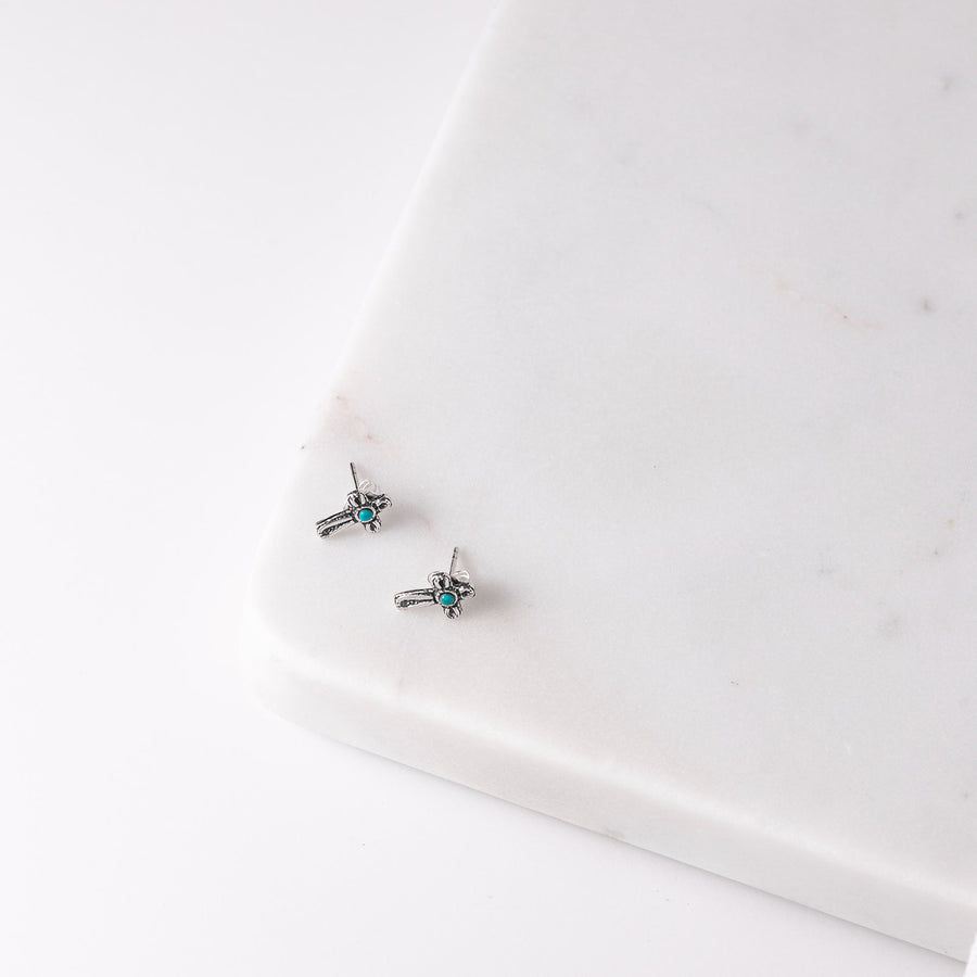 Tiny Cross with Turquoise Post Earrings