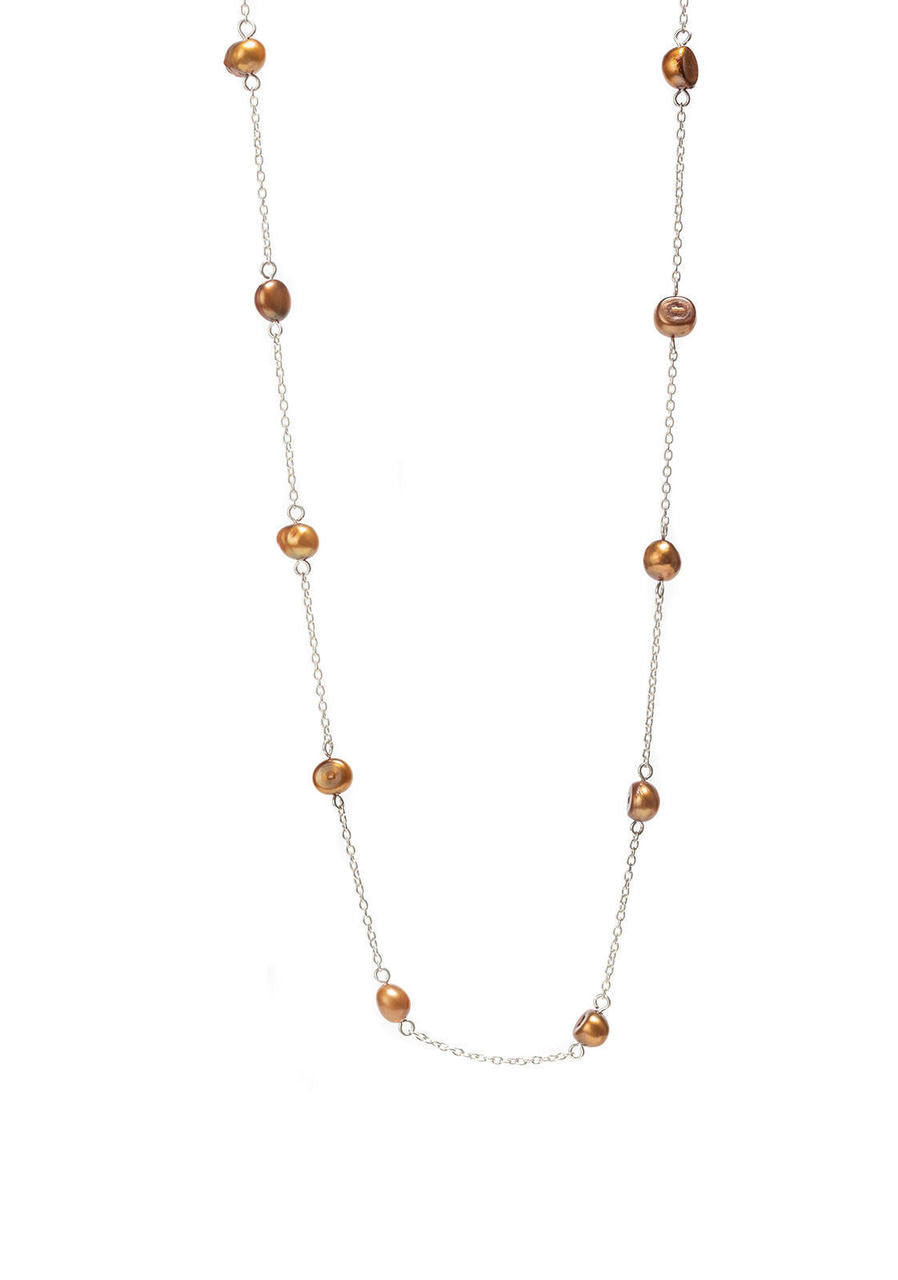 Long Sterling Silver & Bronze Pearls Necklace